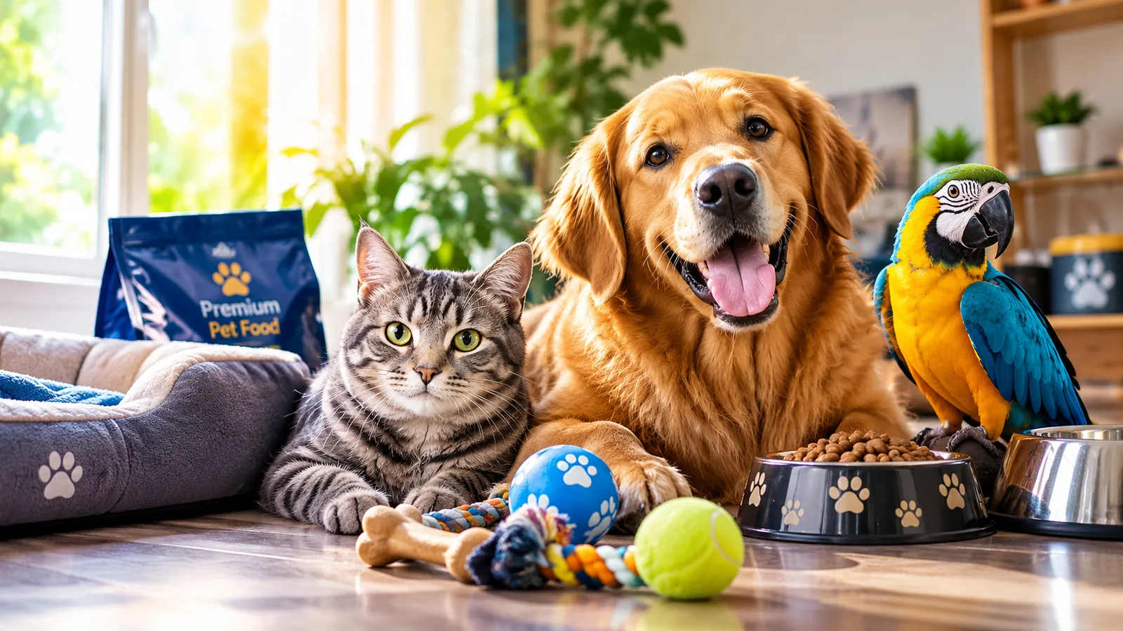 Un gato, un perro y un guacamayo junto a comida, juguetes y una cama para mascotas